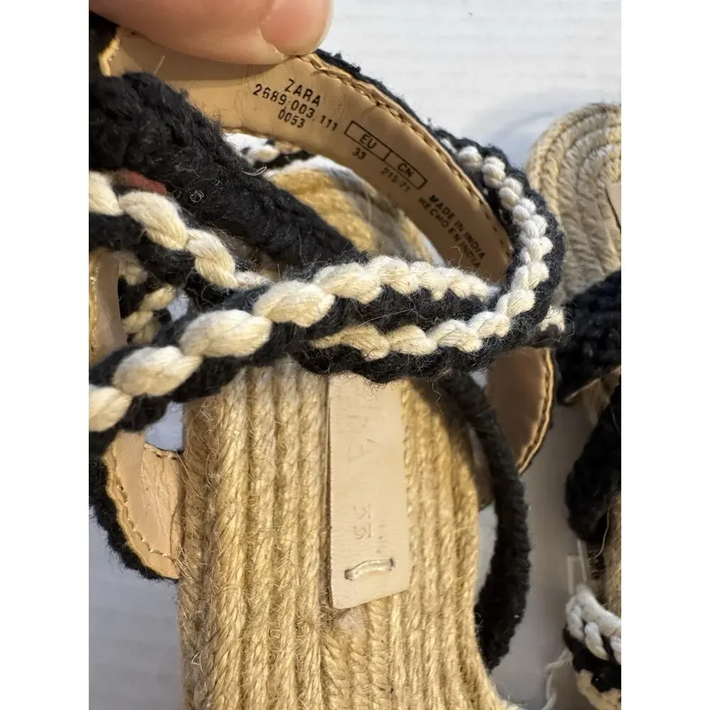 NWT Zara Black Cream Espadrille Crochet Strappy Sandal Girls 2 Boho Beach